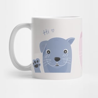 Pastel doodle of cute puppys and a kitten eating pizza. Mug